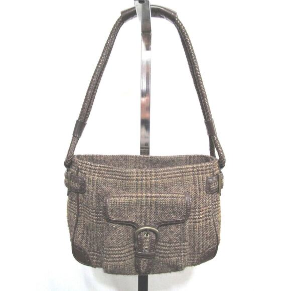 Eddie Bauer Medium Size Brown Plaid Tweed & Leather Shoulder Handbag - Picture 3 of 10
